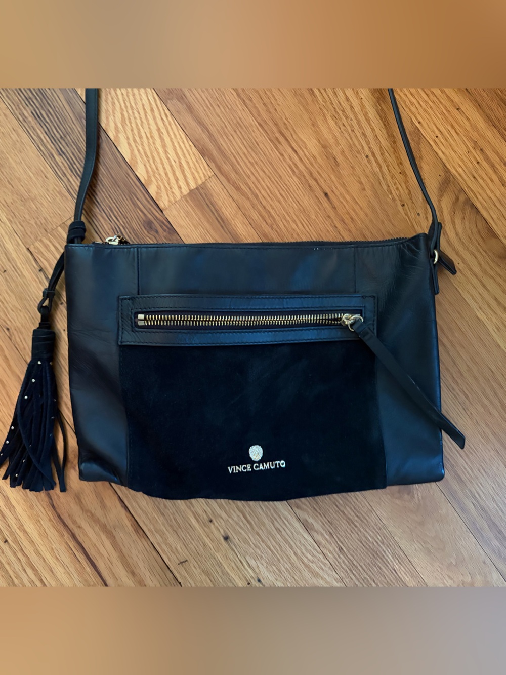 Vince Camuto Black Leather & Suede Crossbody with Gold Zip